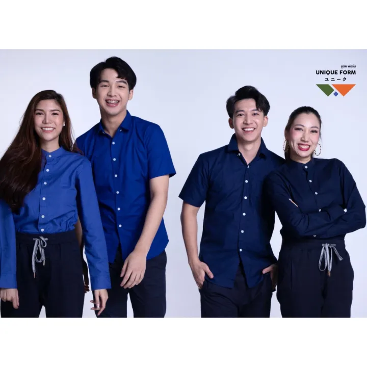 uniqueform-เสื้อเชิ้ต-แขนสั้น-คอจีน-คอปก-สีมิกซ์น้ำเงิน-กรม-mix-classic-blue-pure-oxford-shirt