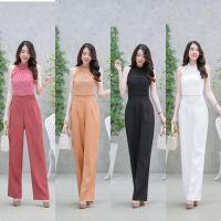 Jumpsuit จั้มสูทแขนกุด ตัดแต่งผ้าชีฟองด้านหน้าอก ขายาว สวยเก๋ ขากระบอกยาว