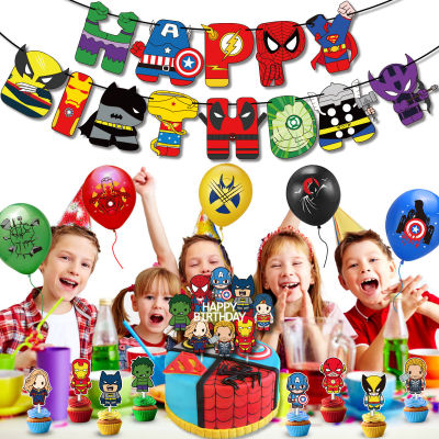Spider Man Superhero League Party ตกแต่งเด็กวันเกิดดึงธงเค้กใส่การ์ดบอลลูนชุด Arrangement Holiday Gift
