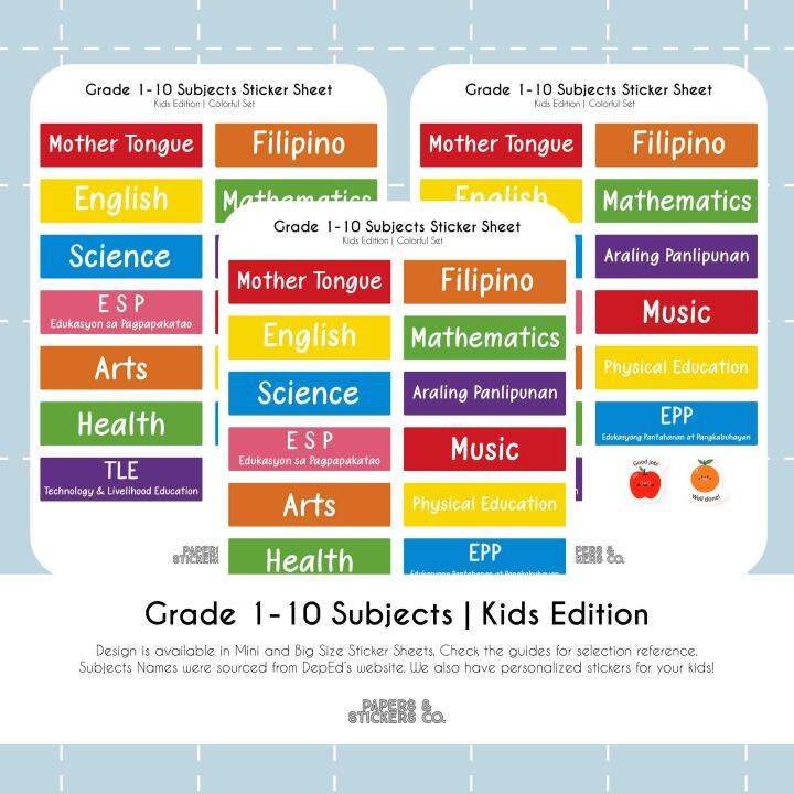 Grade 1-10 Subjects Sticker Sheet | Kids Edition | Lazada PH