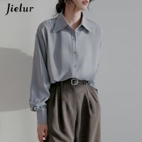 Jielur เสื้อเบลาส์สตรีแขนยาวผ้าชีฟองสีฟ้า,เสื้อเบลาส์แขนยาวเสื้อ S-XL เสื้อซับในแฟชั่นเสื้อเชิ้ตลำลอง