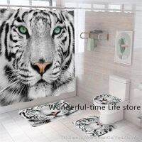 QSR STORE 3D Luxury White Tiger Printed Shower Curtain Set With 12 Hooks Animals Bath Mat Doormat Toilet Lid Cover Home Kitchen Decor Sets