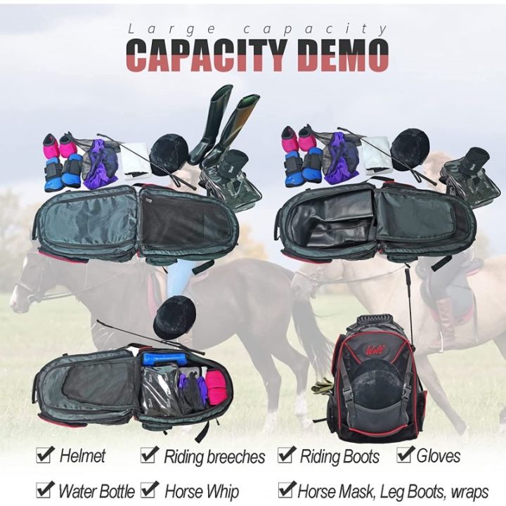 equestrian-equipment-backpack-horse-riding-outfit-helmet-boots-gloves-pants-leg-guards-whip-storage-bag-carrier-bag