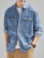 2023 New Denim Cotton Mens Shirt Long Sleeve Black Blue Drop Shoulder Button Pockets Cowboy Loose Casual Work Jeans Shirts