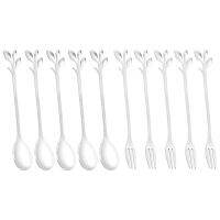 5Spoon+5Forks Stainless Steel Leaf Coffee Cake Spoon Fork Dessert Spoons, Stirring Teaspoon Set