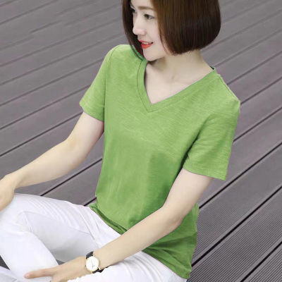 เสื้อยืดแขนสั้นคอวีผ้าใยไผ่สำหรับผู้หญิงเสื้อทรงหลวมและอเนกประสงค์สำหรับสไตล์เกาหลีแบบใหม่ฤดูร้อน