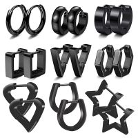 Stainless Steel Black Hoop Earrings for Men Women Huggie Triangle Square Round Geometric Stud Earrings Set