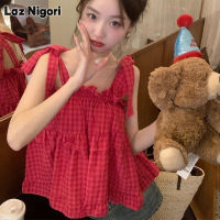 Laz Nigori เสื้อลูกไม้ลายสก็อตสุดหวานมีสายผูกโบว์แฟชั่นน่ารักและบริสุทธิ์