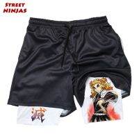 2 in 1 Gym Workout Shorts for Men Demon Slayer Anime Print Compression Shorts with Pockets 5 Inch Quick Dry Running Fitness