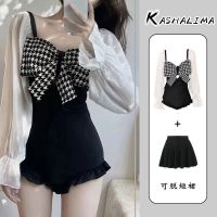 2023 new Song Zhiya houndstooth conservative cover belly was thin and slightly fat student long-sleeved sunscreen one-piece swimsuit female summer