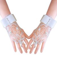 ∋✈ Women Bridal Fingerless Floral Lace Gloves Faux Pearl Bowknot Wedding Mittens