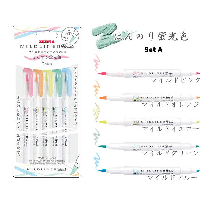 Zebra Mildliner Brush 5 Color Set, Slightly Fluorescent Color WFT8-5C