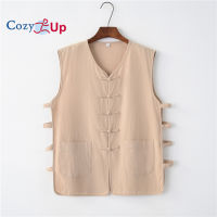 Cozy Up เสื้อกั๊กสไตล์จีนผ้าฝ้ายลินิน Retro Buttons Men S Casual