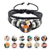 High School Volleyball Boy Leather Bracelets Anime Haikyuu!! Cartoon Print Glass Round Time Gem Bangle for Friend Jewelry Gifts