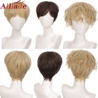 Ailiade Short Wig Natural Brown Straight For Men Women Male Boy Synthetic Hair With Bangs Cosplay Anime Halloween Daily Wig Wig  Hair Extensions Pads