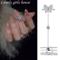 【♡Lovely girls house♡】แหวนโซ่สองชั้นสำหรับผู้หญิงพู่ผีเสื้อข้ามแหวนพังค์เครื่องประดับแฟชั่นฮิปฮอป