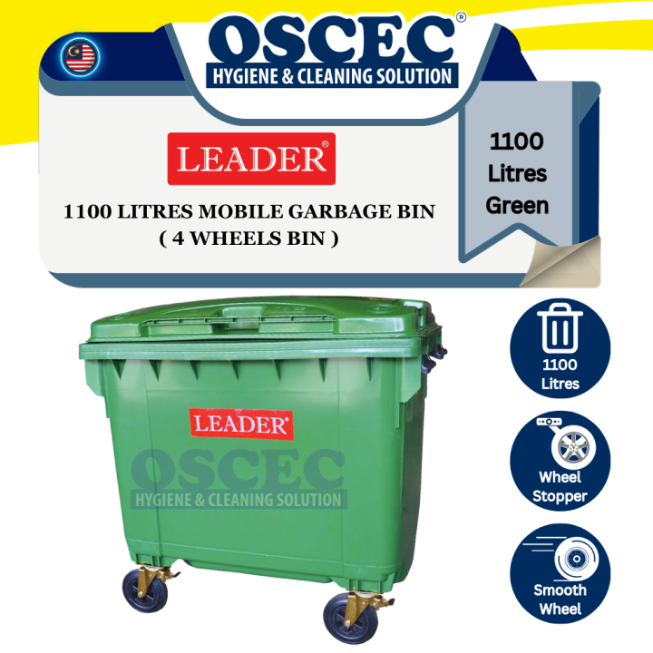 LEADER® 1100Litres Mobile Garbage Bin with 4 wheels Heavy Duty Green