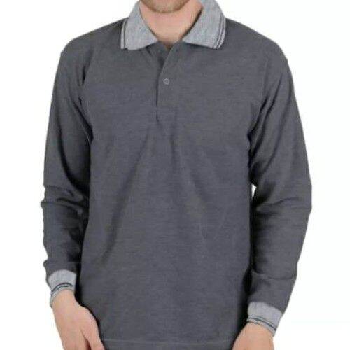 Kaos Polos Berkerah Fashion Kaos kerah Pria Polos Lengan Panjang-Abu