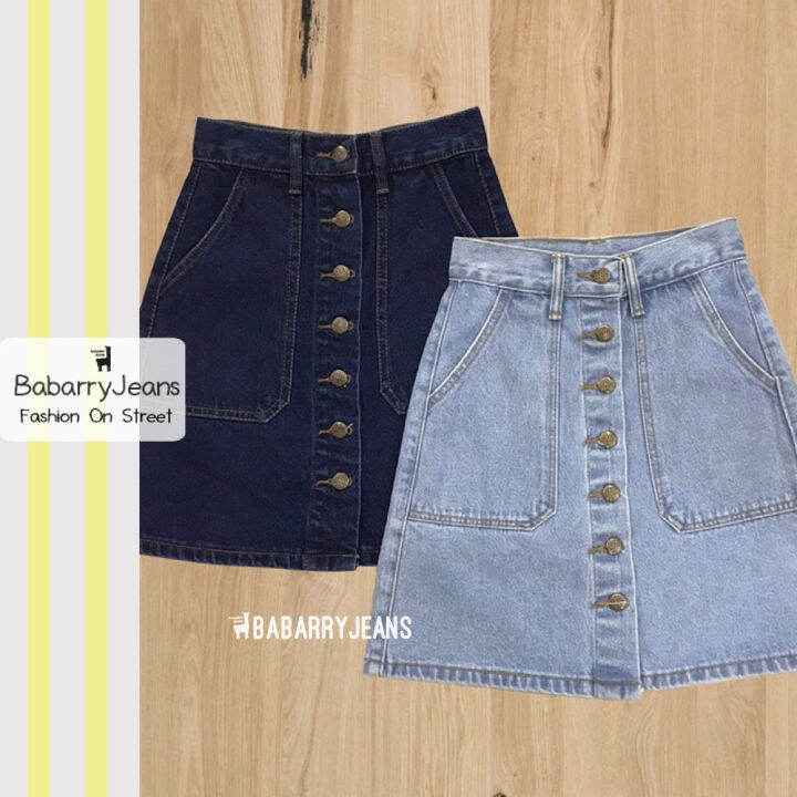 พร้อมส่ง-babarryjeans-กระโปรงยีนส์เอวสูง-กระดุมเรียง-ผ้ายีนส์ไม่ยืด-สียีนส์เข้ม-สียีนส์อ่อน