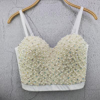 High quality Hand-made Pearls Jewel Diamond beading Womens Bustier Bra Cropped sling Top Vest Plus Size w1170