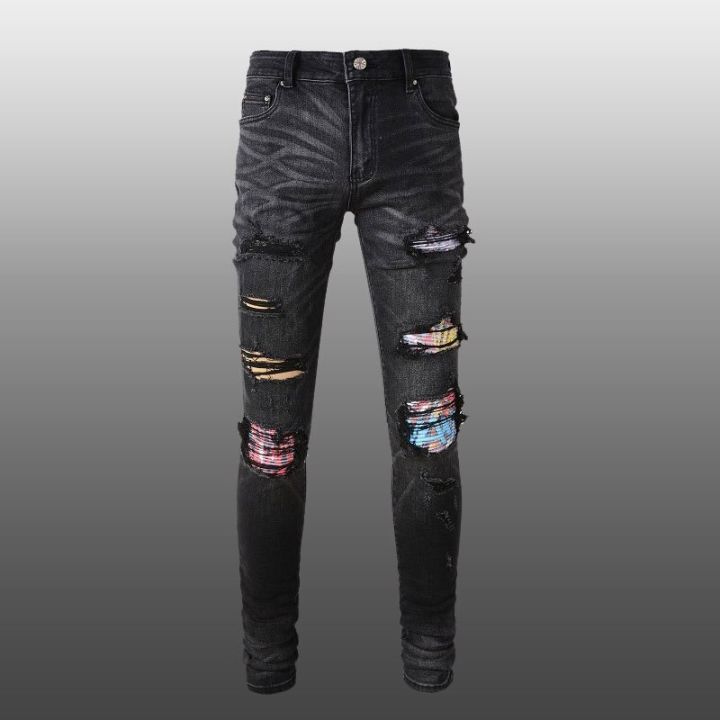 sp-กางเกงยีนส์แบบปะสีดำ-s-2023หลุมแบบบางฮิปฮอปฉีกกางเกงขายาวกางเกงยีนส์แบรนด์สี