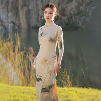 R Cheongsam 2022ใหม่ปรับปรุงสไตล์จีนหนุ่มแขนยาว High-End Elegant ดอกไม้ยาวฤดูใบไม้ผลิและฤดูร้อน Qipao Dress