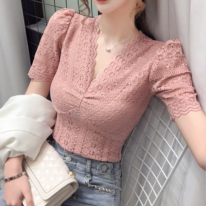 Silk V-Neck Blouse Women Elegant Sleeveless Woman Clothing Hollow Out Lace  Sexy Blouses Womens Tops 2023 OL Satin Women Clothing
