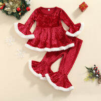 Ma&amp;Baby 18M-6Y Christmas Toddler Baby Kid Girl Clothes Set Red Velvet Outfits Flare Sleeve Tops Pants Xams New Year Costume D84