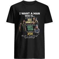 เสื้อยืดผู้ชายคอกลมออกแบบลาย I Want A Man Who Is Rick Grimes Daryl Dixon Jesus The Walking Dead  S-3XL