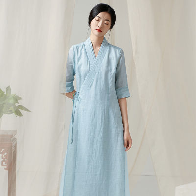 Qingshuzhai สไตล์จีน Hanfu ปรับปรุงรุ่นชุดหญิงจีน Ramie ผู้หญิง Retro Zen Tea Suit