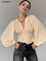 Elegant Shirt For Women Fashion Lantern Long Sleeve Top Chic Button Blouses And Shirts y Solid V Neck Slim Tops Spring 2022