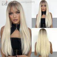 EASIHAIR Long Straight Synthetic Wigs with Bang Light Platinum Blonde Natural Faker Hair for Women Daily Cosplay Heat Resistant