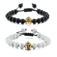 Charm Men Bracelet Spartan Helmet Natural Stone Onyx Beads Handmade Braided Bracelets Bangles Adjustable Rope Homme Hand Jewelry