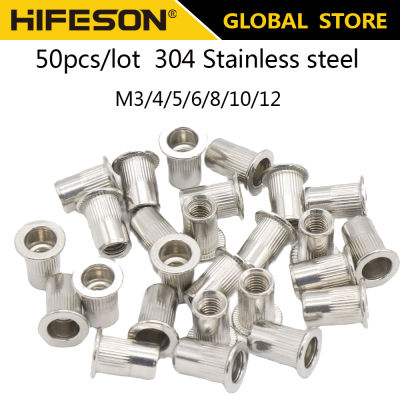 50 ชิ้น/ล็อตสแตนเลส Rivets Nuts ใส่หัวแบนเกลียว Nut sert Cap สำหรับ Riveter Riveting Nut เครื่องมือปืนกันสนิม-Shop5798325