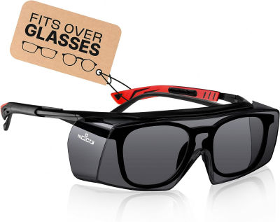 NoCry Tinted Over-Spec Safety Glasses - with Anti-Scratch Wraparound Lenses, Adjustable Arms, and UV400 Protection. ANSI Z87.1 & OSHA Certified, Black & Red Frames Tinted Black & Red Tinted