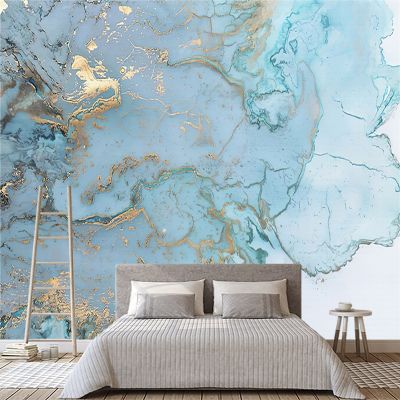 [24 Home Accessories] Self Adhesive Wallpaper 3D ปรับแต่งลายหินอ่อนสีฟ้าลายทองวอลเปเปอร์ติดผนังในร่มห้องนอน