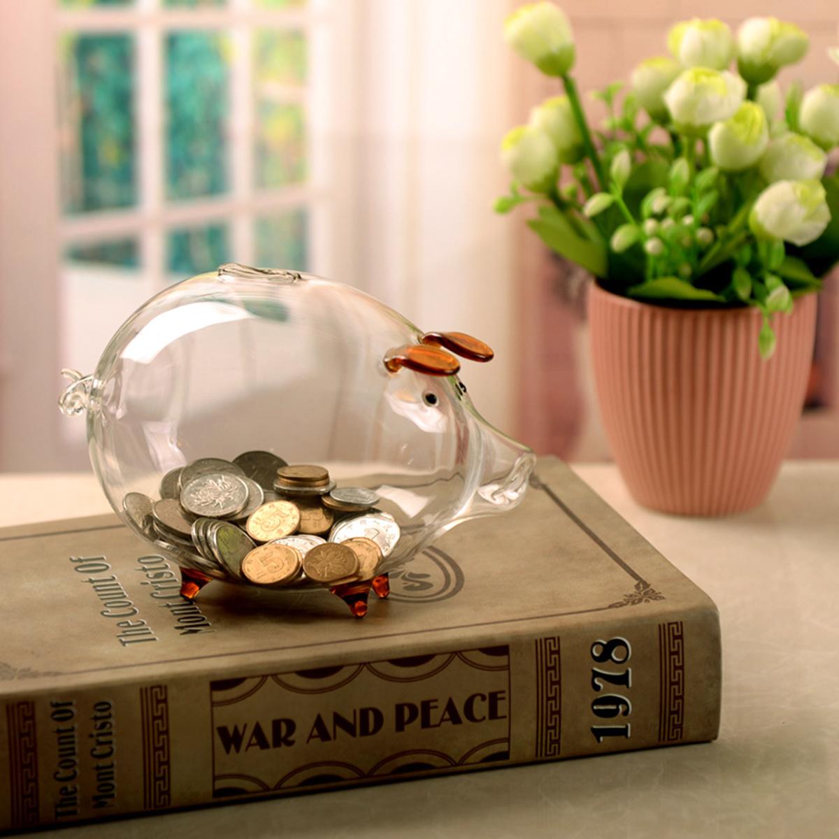 Clear Glass Cute Chubby Pig Piggy Bank Saving Money Coin Box Desk Decor Gift