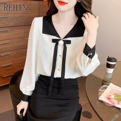 REHIN Women S Top French Doll Collar Camellia Apricot Long Sleeve Shirt Autumn New Sweet Elegant Blouse