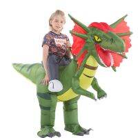 Unisex Child Boy Girl Funny Inflatable Dinosaur Costume Riding Green Dilophosaurus Fancy Dress Kids Performance Halloween Party