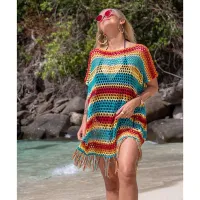 --D0512 The new 2023 in Europe and the knitting striped tassel beach blouse sexy hollow out the beach is prevented bask in clothes bikini smock