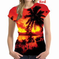 2023 newWomens Fashion Blouse T Shirt Hawaiian Palm Motif Printed Beach TShirts Holiday Shirts