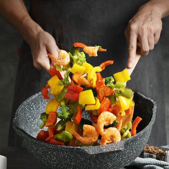 Non Stick Deep Fry Pan 28/32cm Frying Wok with Lid Woody Handle PFOA