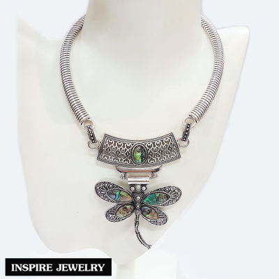 Inspire Jewelry ,สร้อยคอเทียมเงิน รมดำ รูปแมลงปอ ประดับด้วยเปลือกหอยแท้ งาน Design สวยงาม