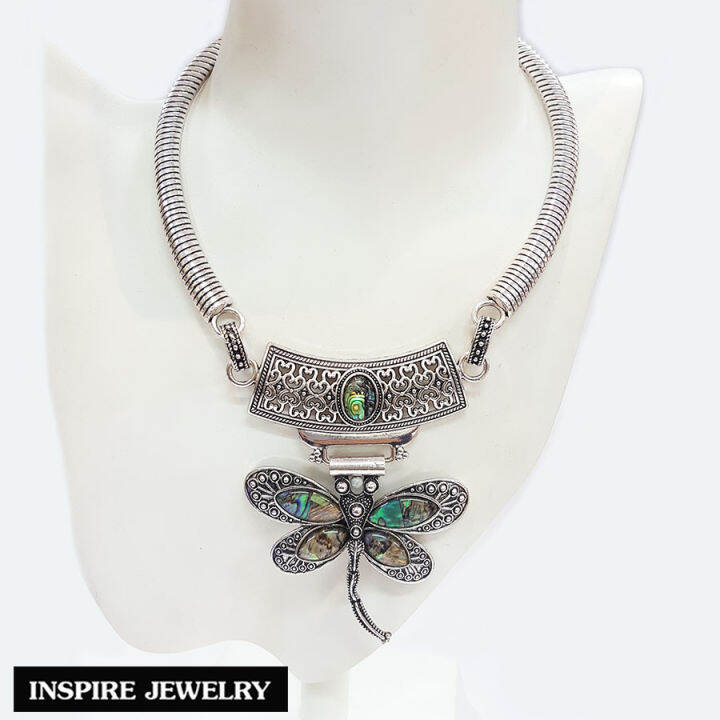 inspire-jewelry-สร้อยคอเทียมเงิน-รมดำ-รูปแมลงปอ-ประดับด้วยเปลือกหอยแท้-งาน-design-สวยงาม