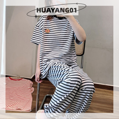 HUAYANG01 [2023 new HOT FASHION] lazlook ชุดนอนชุดเสื้อกางเกงพิมพ์ลายทางสำหรับผู้หญิงชุดนอนใส่อยู่บ้านแบบลำลอง