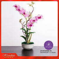 Handitop HAAR160006 Dendrobium1 PK แจกันดอกกล้วยไม้ปลอม หวายเดนโครเบียมสีชมพู 2 ช่อในแจกันเซรามิคสีขาว สำหรับตกแต่งหรือเป็นของขวัญของที่ระลึก