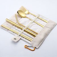 Camping Portable Tableware Set Stainless Steel Cutlery Set Flatware Set with Case Reusable Travel Cutlery Set Spoon Fork Straw Flatware Sets