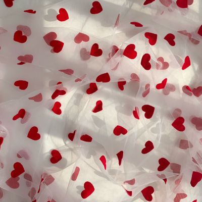 ☇ 1Yard Big Red Flocked Heart Tulle Mesh Guipure Lace Fabric Wedding Dress Decoration Sewing Net Fabric Materials 160cm Wide