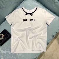 2023 summer and autumn fashion round neck bow temperament thin loose miu miuˉshort-sleeved peplum short-sleeved t-shirt female tops