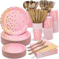 Pink Bronzing Gold Dot Birthday Party decoration Tableware Set Paper Cup Plate Disposable Tableware Wedding party Supplies Set